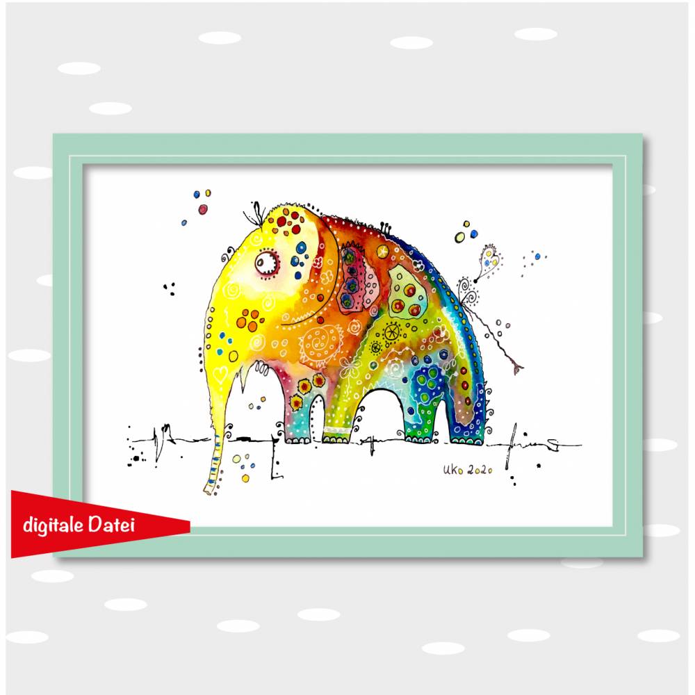 Lustiger Elefant "Elfriede" zum Selbst-Ausdruck, Funny-Art-Stil, DIY Poster Wandbild, pdf + jpg Bild 1