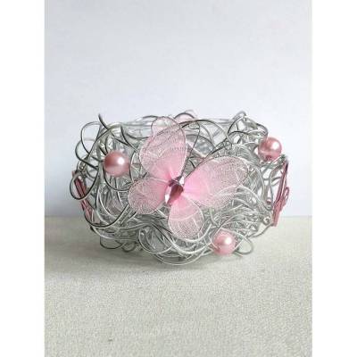 Teelichthalter aus eloxierten Aluschmuckdraht in Silber und rosane Deko 11 cm Durchmesser
