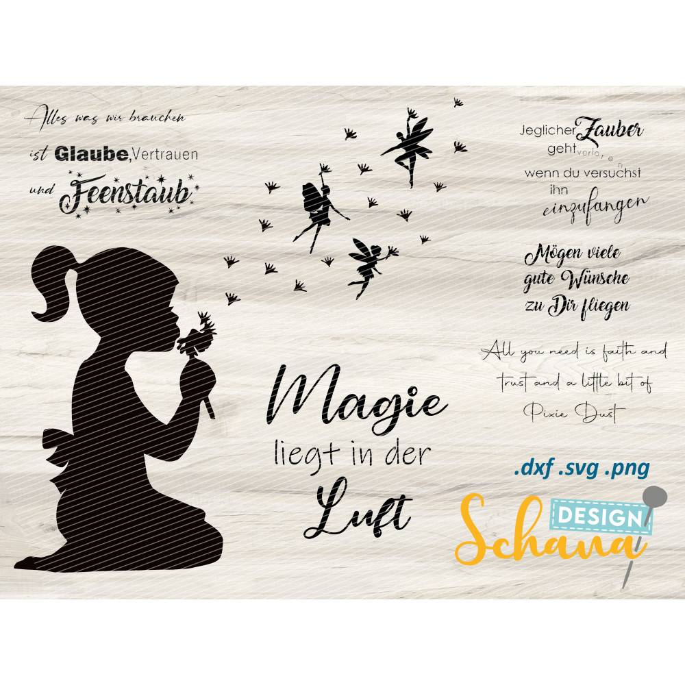 Pusteblume fliegende Feen - Plotterdatei - SVG DXF PNG -  Fee Clipart - Fee Sprüche für  Wandsticker - Plotter - Bügelbild Bild 1