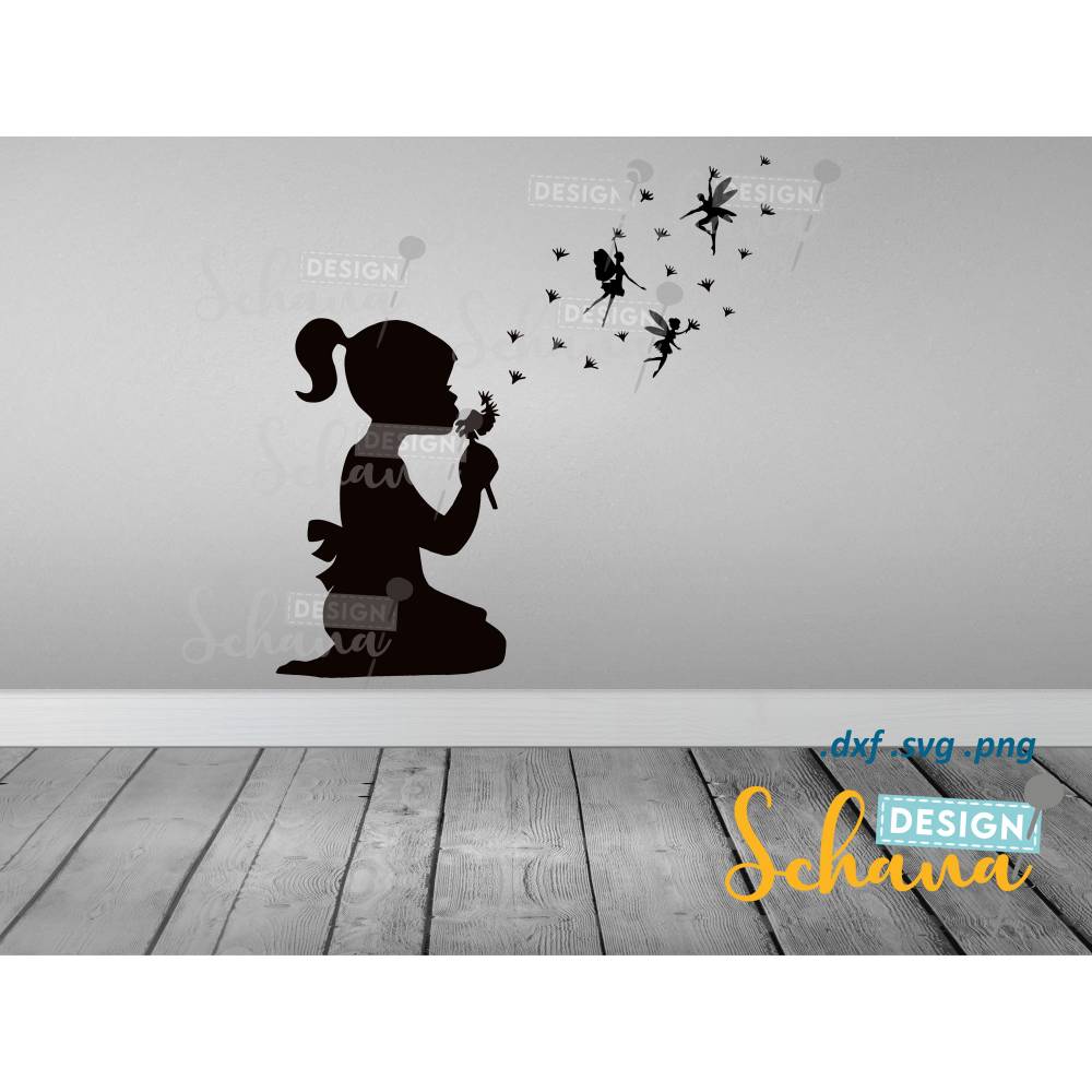 Pusteblume fliegende Feen - Plotterdatei - SVG DXF PNG -  Fee Clipart - Fee Sprüche für  Wandsticker - Plotter - Bügelbild Bild 3