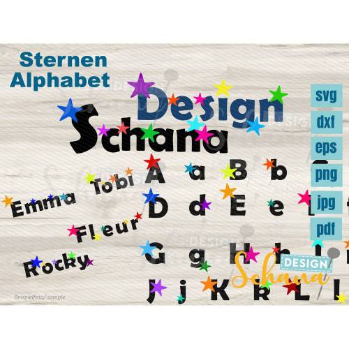 Plotterdatei Schriftart Sternen Alphabet verzierte Buchstaben mit Sternen SVG DXF PNG eps pdf jpg glamurös Sterne Datei Plott Lasercut dxf