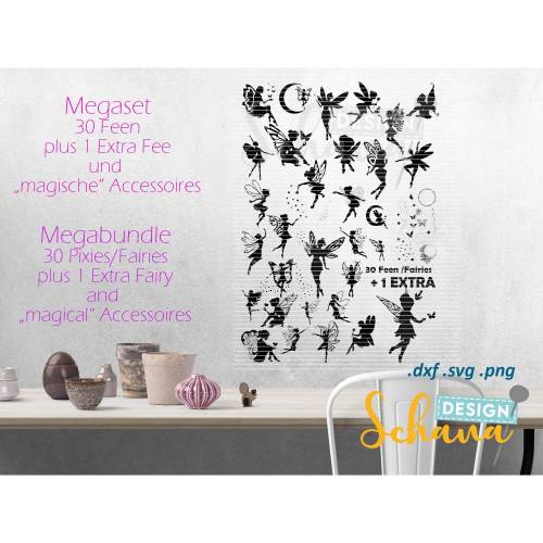 Mega Set Feen - 30 Feen + 1 Extra Fee und extra Deko Accessoires - Plotterdatei - SVG DXF PNG neu: eps  Fee Clipart Wandsticker Bügelbild