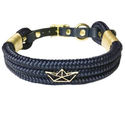 Hundehalsband verstellbar blau gold, Beschläge Edelstahl mit Leder und Schnalle