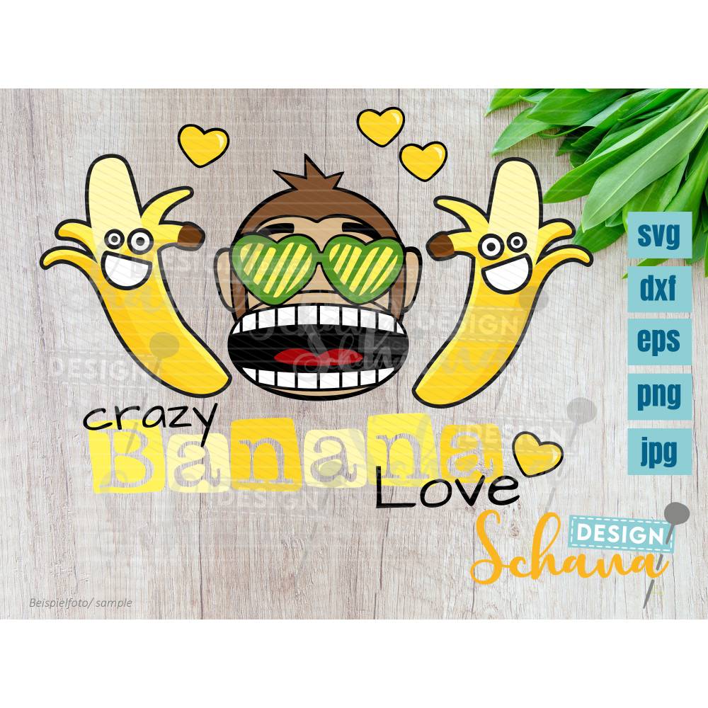 Plotterdatei Affe Banane SVG Crazy Banana Love Plottdatei svg eps dxf png jpg Bügelbild Shirt gestalten Kinder digitales Poster Digistamp Bild 2