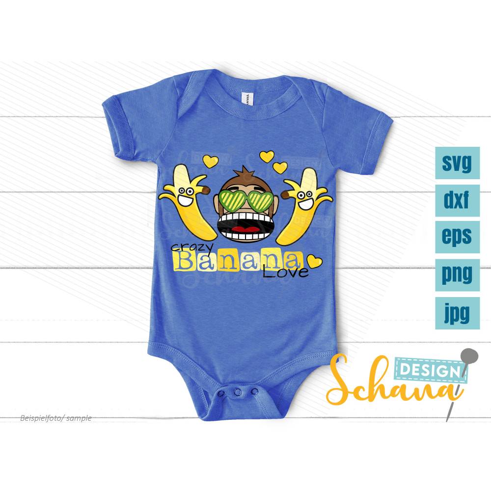 Plotterdatei Affe Banane SVG Crazy Banana Love Plottdatei svg eps dxf png jpg Bügelbild Shirt gestalten Kinder digitales Poster Digistamp Bild 3