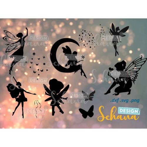 Feen 6-er Set Variation 4 - Plotterdatei - SVG DXF PNG neu: eps - mit Accessoire Items - Fee Clipart Wandsticker Plotter Bügelbild Digistamp