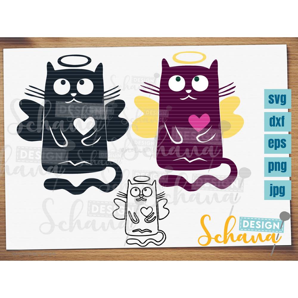Plotterdatei Bügelbild Katzenengel, niedliche Katze als Engelsvg eps dxf png jpg Maske verschönern, Plotterdatei niedliche Katze Digistamp Bild 1