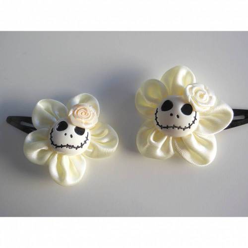 1 Paar Skull  Blume Stoff creme Satin  Totenkopf ,Haarspange , Braut 