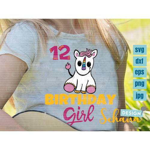 Plotterdatei Geburtstagsshirt Einhorn Girl 12 Geburtstag süß EPS DXF SVG png u jpg Plotterdatei Digistamp Sublimation Druck cricut cameo pdf