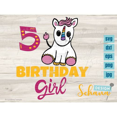 Plotterdatei Geburtstag 5 Jahre für Tshirts Einhorn Birthday Girl EPS DXF SVG png u jpg Plotterdatei Digistamp Sublimation Druck Datei pink