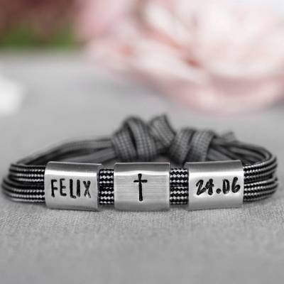 Armband personalisiert mit Gravur handgestempelt zur Kommunion, Geburtstag, Schulanfang, Konfirmation, Lebe Liebe Lache, Herrenarmband, Namensarmband