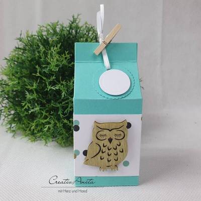 Geschenkverpackung - Milchtüte in Weiß-Mint mit Eule