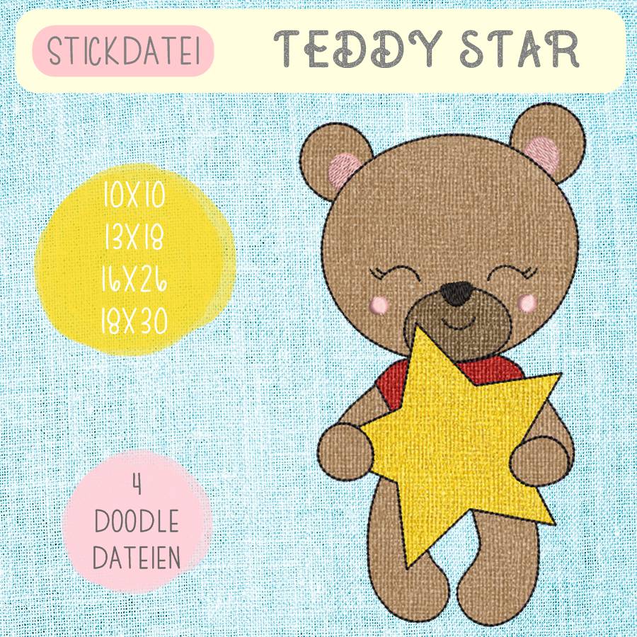 Digitale Stickserie  "Teddy Star Doodle" für den 10x10 - 18x30 cm (4x4 - 7x12") Stickrahmen Bild 1