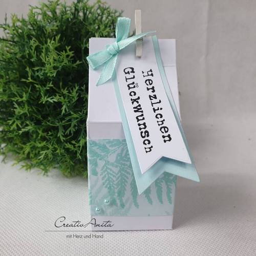 Geschenkverpackung - Milchtüte in Weiß-Mint mit Farn