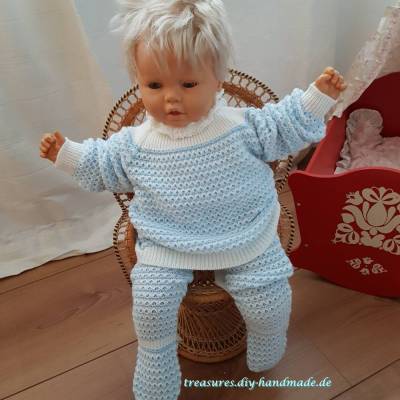Vintage, zweiteiliger Babyanzug gestrickt blau weiß Hose und Jäckchen, Größe ca. 74