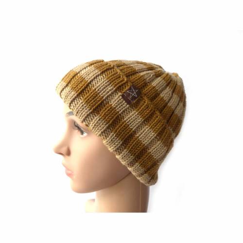 Strickmütze Hellbraun Beige gestreift aus Schurwolle Merino Geschenk Geburtstag Weihnachten