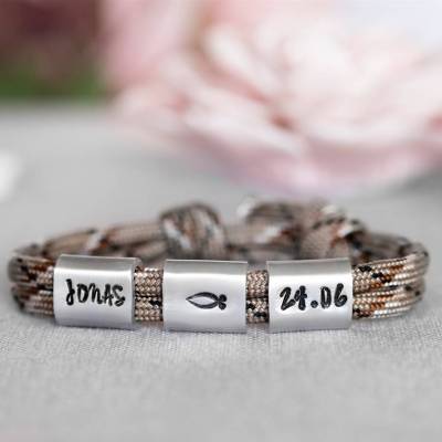 Armband personalisiert mit Gravur handgestempelt zur Kommunion, Geburtstag, Schulanfang, Konfirmation, Lebe Liebe Lache, Herrenarmband, Namensarmband