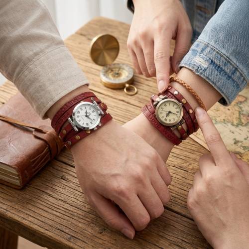Armbanduhr, Wickeluhr, Uhr, Damenuhr, Lederuhr, Vintage-Stil, bronzefarben, silberfarben, Farbauswahl, römisch, arabisch