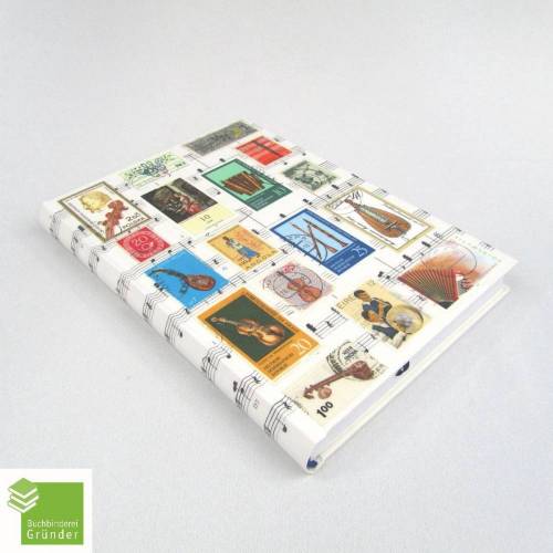 Notizbuch, Musik Instrumente Noten, Briefmarken, Upcycling, DIN A5, handgefertigt