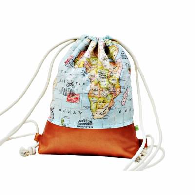 Turnbeutel Weltenbummler, Gymbag Weltenbummler, Festivalbag, Kunstleder, Rucksack, Weltkarte, kupfer