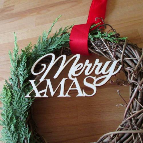Holz-Schriftzug "Merry X-MAS" für den Türkranz