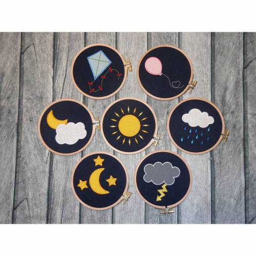 Stickdatei Applikation „Am Himmel“, Sonne, Mond, Sterne, Drache, Luftballon, Wolke, Regenwolke, Gewitterwolke, Blitz