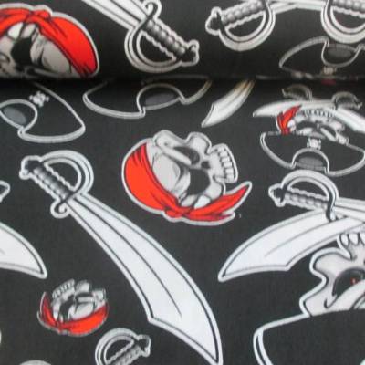  Baumwolle Baumwollstoff Piraten Totenkopf Säbel  schwarz Oeko-Tex® Standard 100(1m /9,-€)