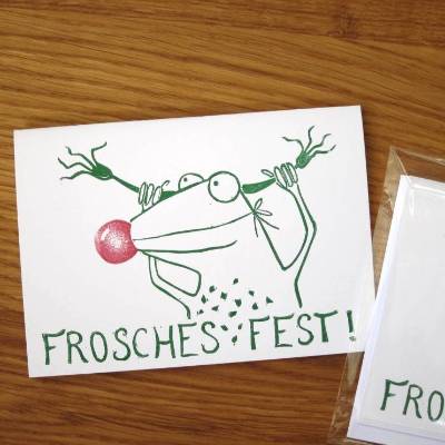 Rudolph,  3 handgedruckte Weihnachtskarten, Weihnachten, Weihnachtskarte, Rentier, Linoldruck, handgedruckt. Frosch Kart