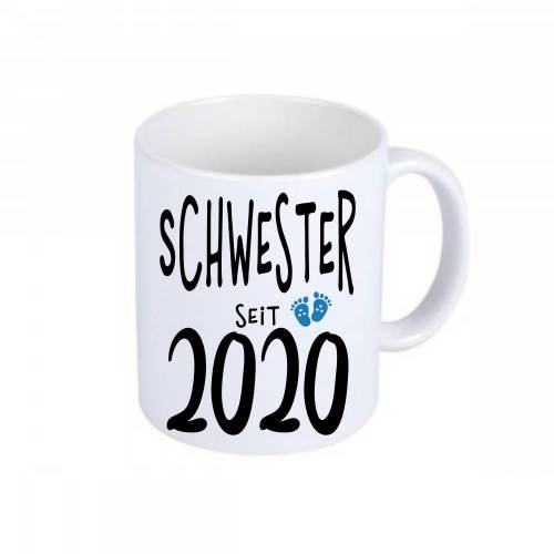 weiße Tasse, mit Druck, Schwester seit....., mit Babyfüßchen, Geschenkidee, Erinnerungsstück