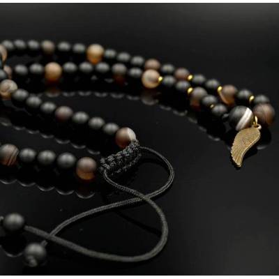 Herren Halskette aus Edelsteinen Onyx und Achat mit Knotenverschluss, Länge 50 cm