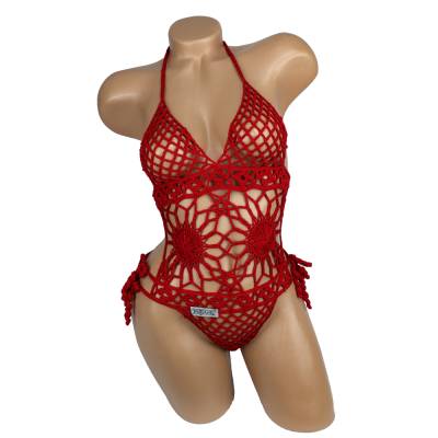 Dessous Spitzen-Body rot gehäkelt Monokini Handarbeit