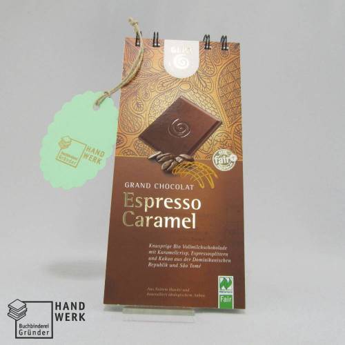 Notizblock, Espresso Caramel, Originalverpackung Schokolade, Upcycling, handgefertigt