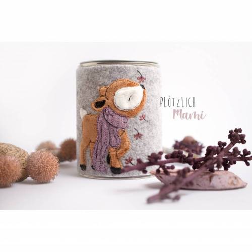 Spardose mit bestickter Filzhülle Reh mit Schal