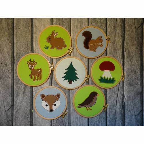 Stickdatei Applikation Nunas Zauberwald Set 1 Fuchs Eichhörnchen Hase Reh Vogel Tanne Baum Pilz Wald Tiere Spatz