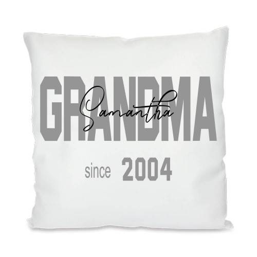 personalisierter Kissenbezug, "Grandma since", weiß, mit Druck, Kindernamen auf Grandma, satiniert, Geburtsjahr,