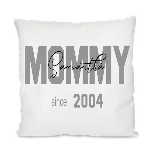 personalisierter Kissenbezug, "Mommy since", weiß, mit Druck, Kindernamen auf Mommy, satiniert, Geburtsjahr, 