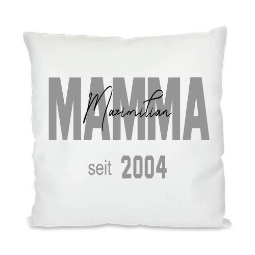 Satinierter Kissenbezug, "Mama seit", weiß, mit Druck, Kindernamen auf Mama, personalisiert, Geburtsjahr, 