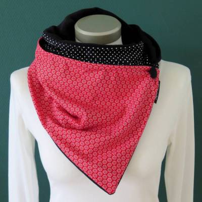 Wickelschal mit Knopf Damen Streublümchen rot weiß Knopfschal Fleece warmer Schal Patchwork Kuschelschal
