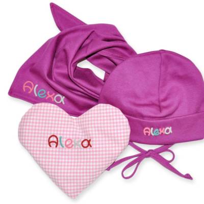 Geschenkeset "mit Herz" Taufgeschenk Mädchen  rosa pink blau hellbau bestehend aus Babymütze Halstuch u. Wärmeki
