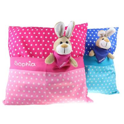 Ostergeschenk Kissen mit Geheimfach u. personalisiert Kuschelhase - Geschenkset mit Namen aus Kissen u. Hase