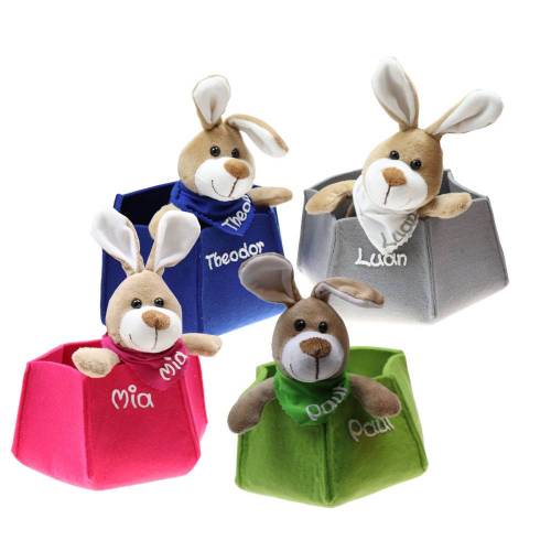 Osterkörbchen grau grün pink blau Filz mit Hase personalisiert Geschenk zu Ostern mit Namen Set aus Osterhase u. Filznes