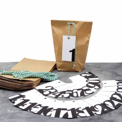 Adventskalender Tüten und Zahlenanhänger zum Befüllen – DIY Kalender Set mit Kordeln