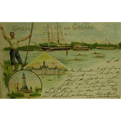 Historische AK - Gruß aus Grünau - 8.6.1893, beschrieben mit Briefmarke