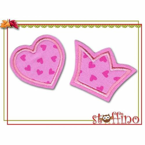 Set Herz und Krone Applikation Aufnäher rosa pink