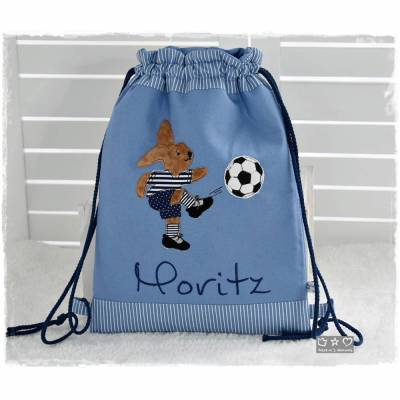 Rucksack/Beutel blau mit Hase, Fußball und Wunschname