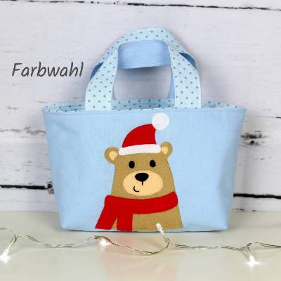 Kindertasche ~ Bär mit Weihnachtsmütze | Wendetasche | Personalisiert | Geschenke für Kinder | Mädchen | Junge