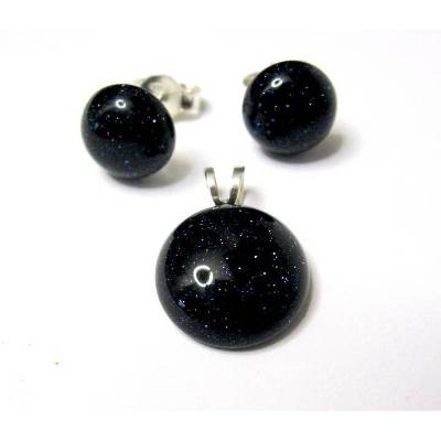 Blaufluss Cabochon Ohrstecker & Kettenanhänger Silber 925 Set, Schmuckset, Geburtstag, Geschenk 