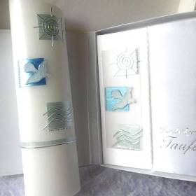  TAIFKERZEN-SET " Marvin ": 1 Taufkerze + 1 exclusiver Taufbrief mit christlichen Symbolen in blau-silber