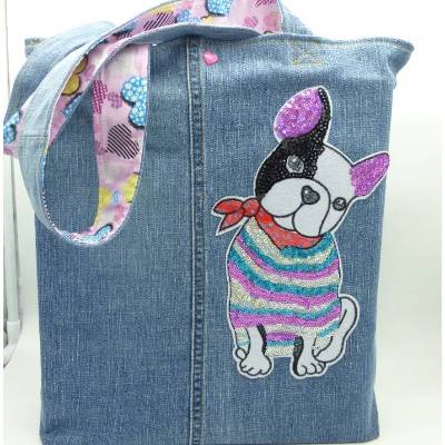 Tasche Frenchie, Pailletten-Glitzer, Französische Bulldogge, French Bulldog, Jeans-Upcycling, Unikat von hessmade