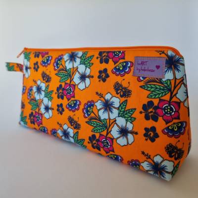 Kosmetiktasche *Blumen* Größe M, in orange-bunt, aus Baumwollstoff genäht, von he-ART by